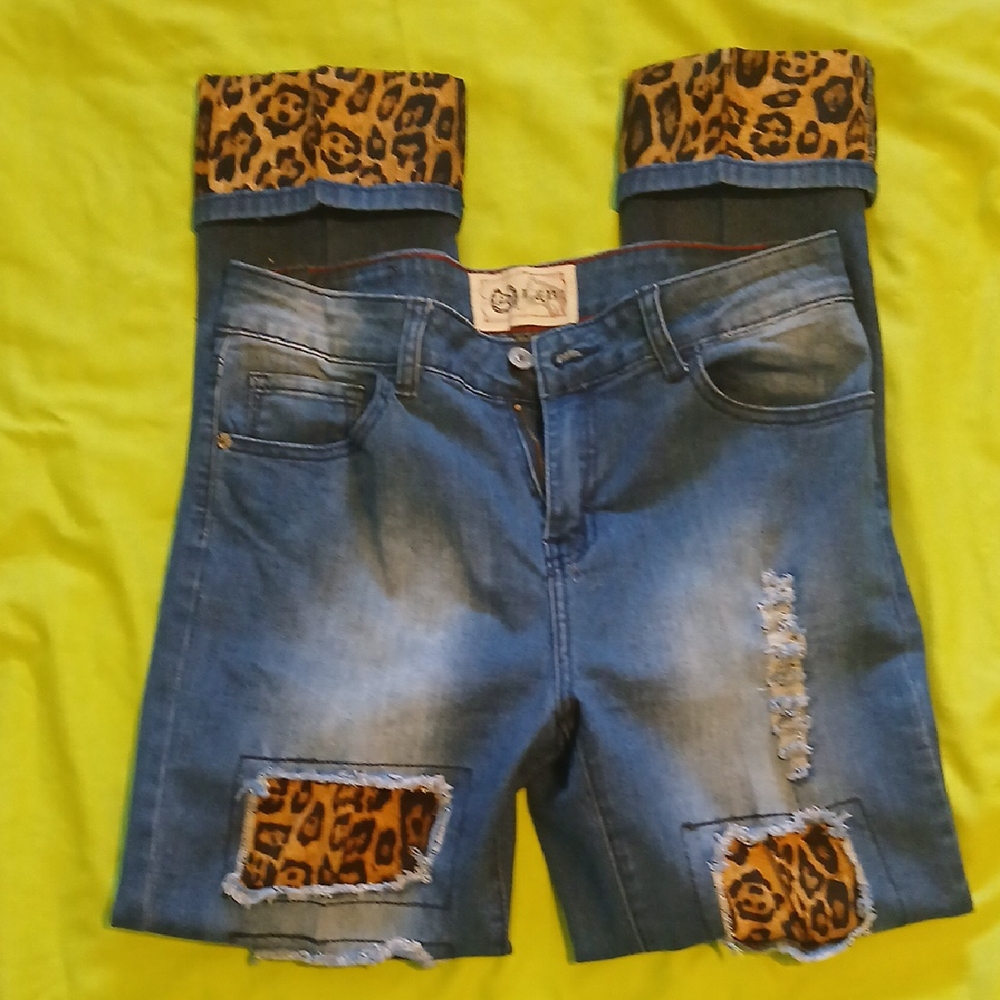 L&B Blue and Brown Jeans with Leopard Print Accents